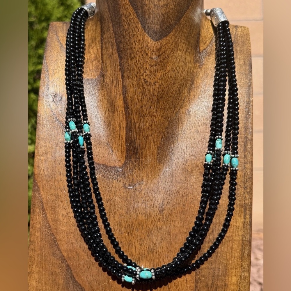 Sterling Silver Multi Strand Black Onyx Turquoise Bead Necklace. 22 Inch